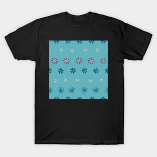 Stripes of geometric flowers on teal background T-Shirt